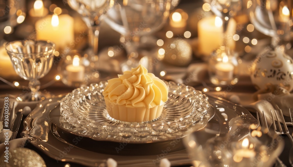 Elegant cupcake on decorative plate at a candlelit dinner setting Elegant cupcake on decorative plate at a candlelit dinner setting