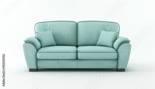 Comfortable mint green sofa with two cushions on a white background