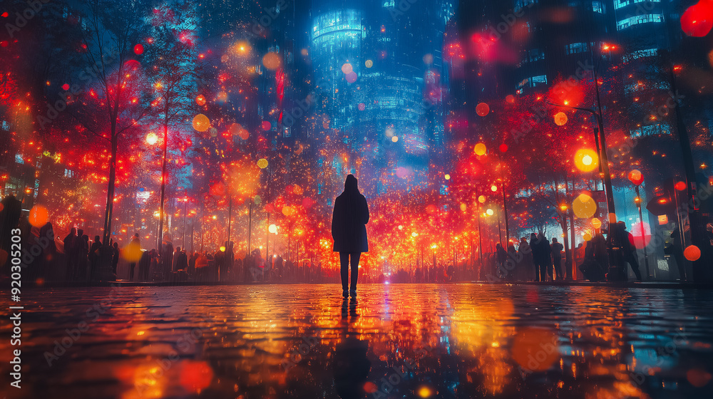 A person stands in the rain in front of a cityscape with bright lights. The scene is a reflection of the city lights on the wet pavement A person stands in the rain in front of a cityscape with bright lights. The scene is a reflection of the city lights on the wet pavement