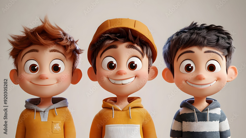 Three animated boys with cheerful expressions, wearing casual outfits in vibrant colors. Three animated boys with cheerful expressions, wearing casual outfits in vibrant colors.
