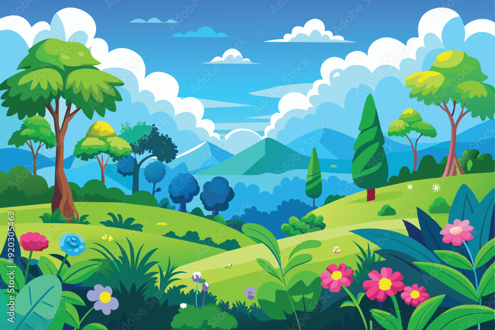 Cartoon vector design illustration of hilly forest scenery with green trees and colorful flowers and mountains with blue sky. Cartoon vector design illustration of hilly forest scenery with green trees and colorful flowers and mountains with blue sky.