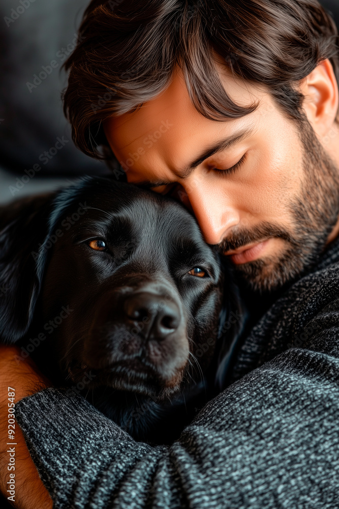 Latino man hugging his pet, black labrador dog Latino man hugging his pet, black labrador dog