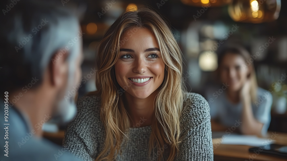A joyful woman smiling while engaged in a conversation at a cozy cafe with warm lighting and a relaxed atmosphere. A joyful woman smiling while engaged in a conversation at a cozy cafe with warm lighting and a relaxed atmosphere.