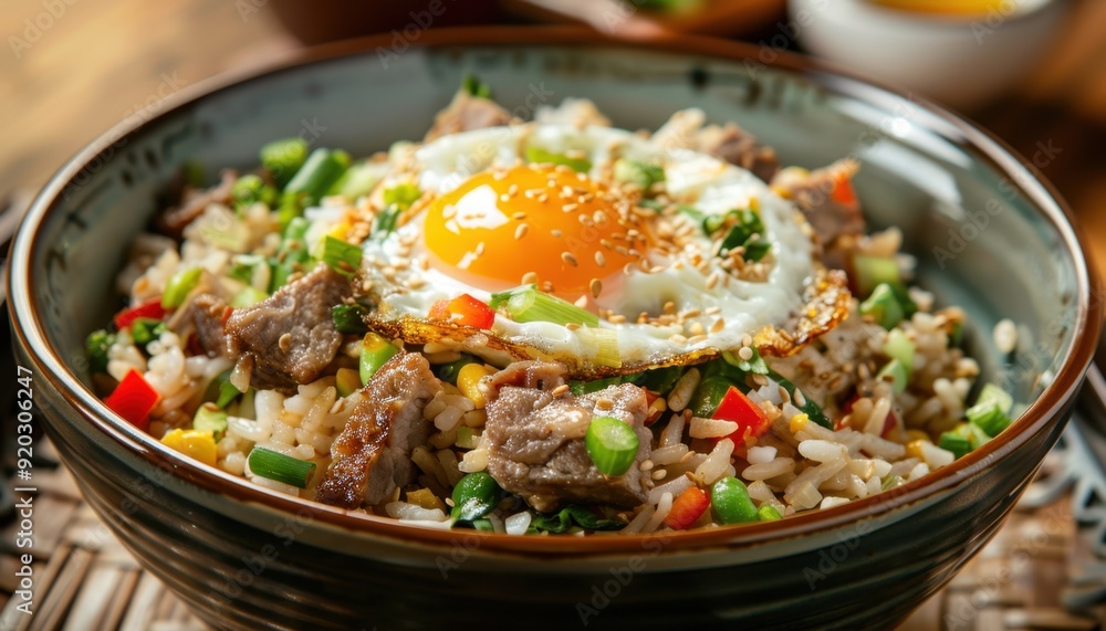 Delicious bowl of fried rice topped with a sunny-side-up egg and fresh vegetables Delicious bowl of fried rice topped with a sunny-side-up egg and fresh vegetables