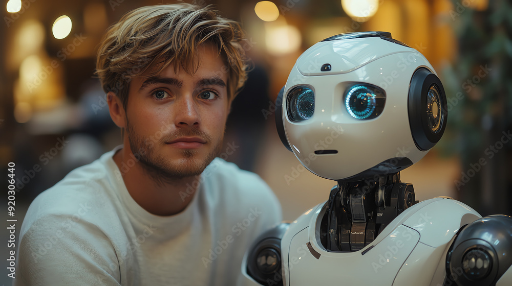A young man sits beside a friendly robot, showcasing technology and companionship in a modern, vibrant setting. A young man sits beside a friendly robot, showcasing technology and companionship in a modern, vibrant setting.