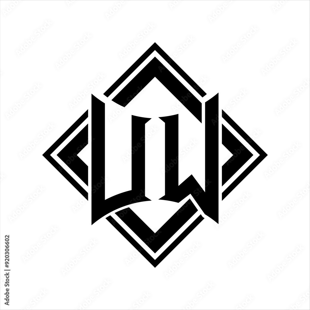 UW Letter logo with abstract shield shape with square black outline on white background design UW Letter logo with abstract shield shape with square black outline on white background design