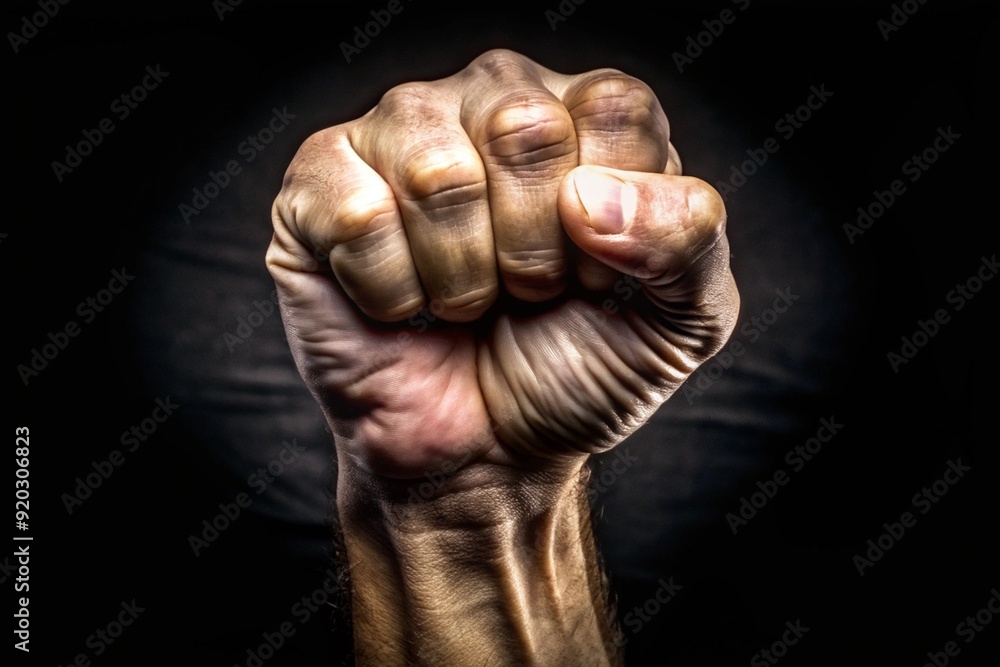 A fist is raised in the air with the thumb pointing up A fist is raised in the air with the thumb pointing up