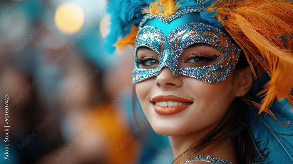 Person with a richly decorated carnival mask, surrounded by revelers at a vibrant street festival. Person with a richly decorated carnival mask, surrounded by revelers at a vibrant street festival.