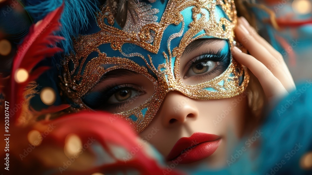 Fototapeta premium Person in a dramatic multi-colored carnival mask with delicate embroidery, set in a grand parade scene with vibrant costumes.