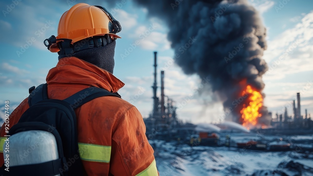 Obraz premium Factory engulfed in flames with firefighters battling the blaze.