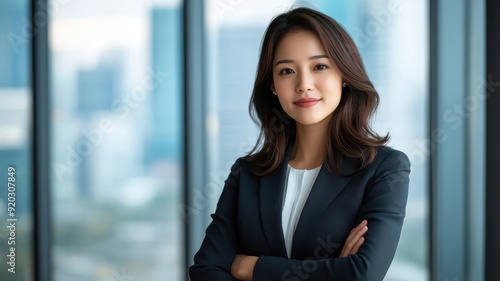 Confident Asian female executive in tailored business suit, standing in modern office with city views, exuding professionalism. Free Download Confident Asian female executive in tailored business suit, standing in modern office with city views, exuding professionalism. - GFXLoad