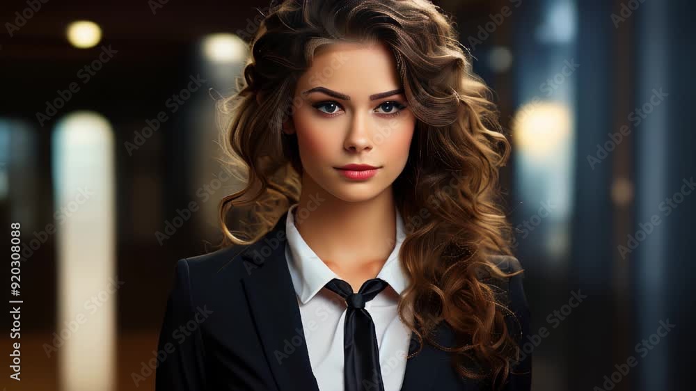 Confident woman in formal attire with curly hair in an elegant setting Confident woman in formal attire with curly hair in an elegant setting