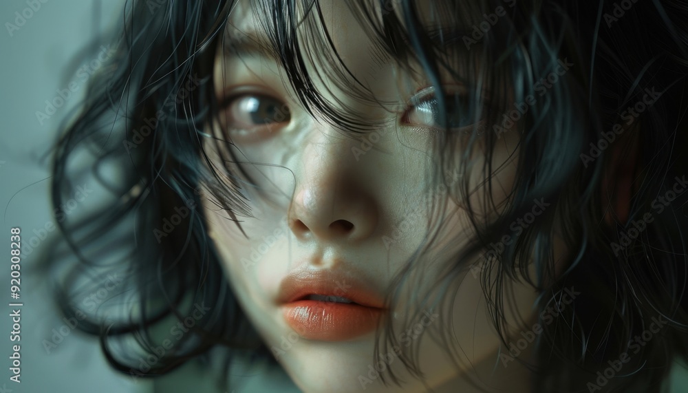 Young woman with curly hair posing softly, captured in a serene indoor setting during daylight Young woman with curly hair posing softly, captured in a serene indoor setting during daylight