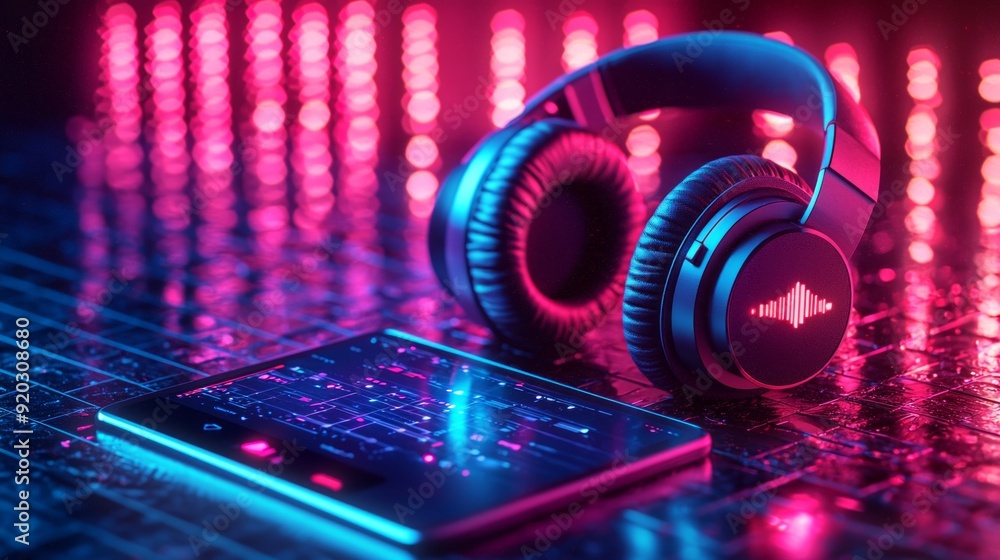 Fototapeta premium Music banner. Mobile smartphone screen with music application, sound headphones. Audio voice with radio beats on neon gradient background. Broadcast media music banner with copy space