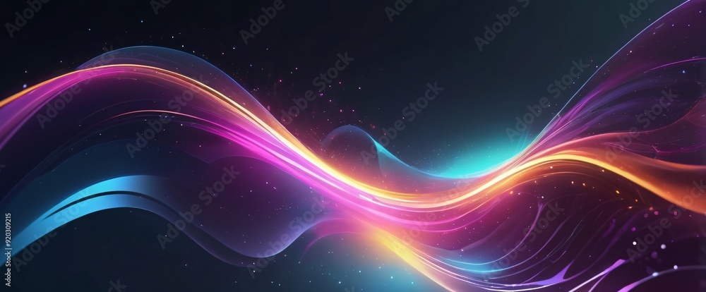 Fototapeta premium A futuristic cyber-themed background with dynamic, glowing waves of color and sparkling effects. The smooth, gradient surface and defocused elements create a sense of speed and movement, making it per