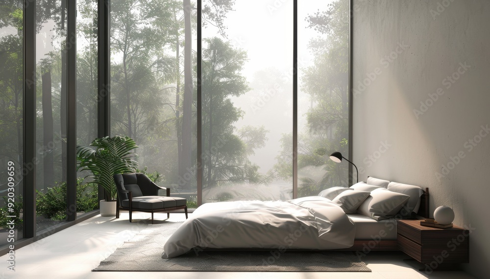 Cozy modern bedroom with large windows overlooking a serene forest on a misty morning Cozy modern bedroom with large windows overlooking a serene forest on a misty morning