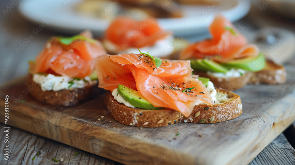 Avocado toast with smoked salmon for breakfast, homemade cuisine and traditional food, country life Avocado toast with smoked salmon for breakfast, homemade cuisine and traditional food, country life