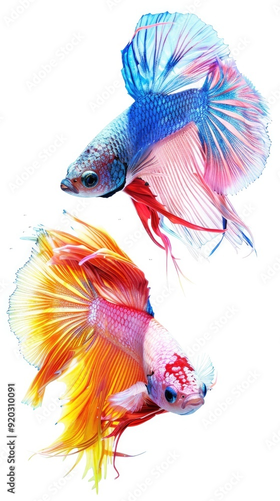 Obraz premium Two colorful Siamese fighting fish with flowing fins, isolated on a white background.