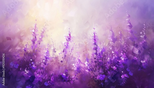 Purple wildflowers blooming under soft light at dawn in a serene landscape