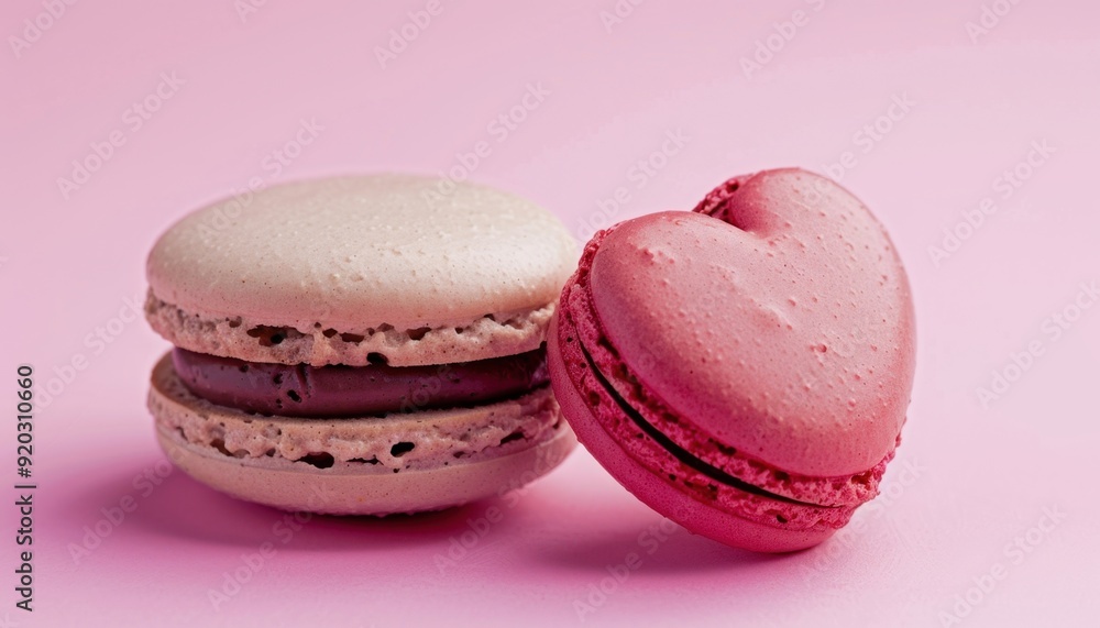 Delicate macarons in heart and round shapes against a soft pink background Delicate macarons in heart and round shapes against a soft pink background