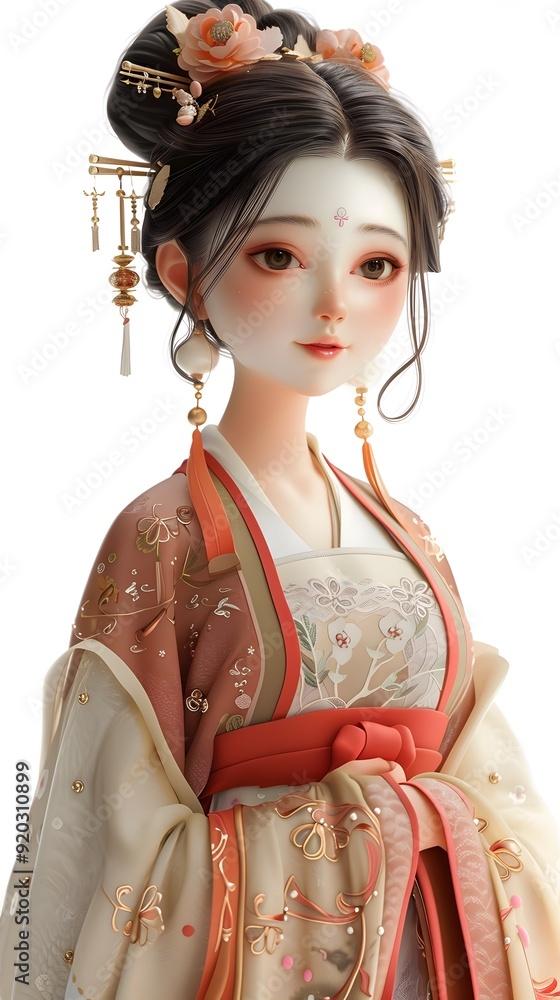 Elegant 3D character of a beautiful woman in traditional Hanfu on a white background, showcasing the richness of Chinese culture and heritage. This charming design embodies grace and sophistication, m Elegant 3D character of a beautiful woman in traditional Hanfu on a white background, showcasing the richness of Chinese culture and heritage. This charming design embodies grace and sophistication, m