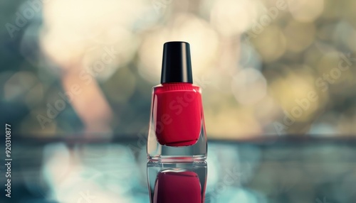 Bright red nail polish bottle reflecting on a glass surface with a blurred background photo