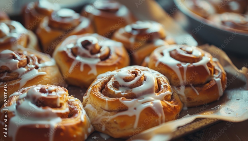 Freshly baked cinnamon rolls with icing on a wooden table at a cozy kitchen Freshly baked cinnamon rolls with icing on a wooden table at a cozy kitchen