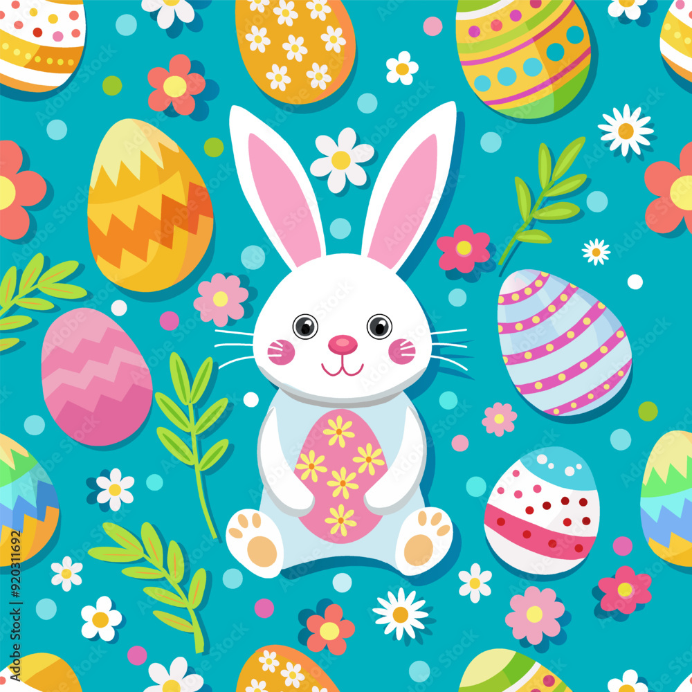 Obraz premium Cute white Easter Bunny long ears,hold easter egg seamless pattern with flowers, easter eggs, beautiful light blue background, great for Easter Cards, banner, textiles, wallpapers, vector illustrator