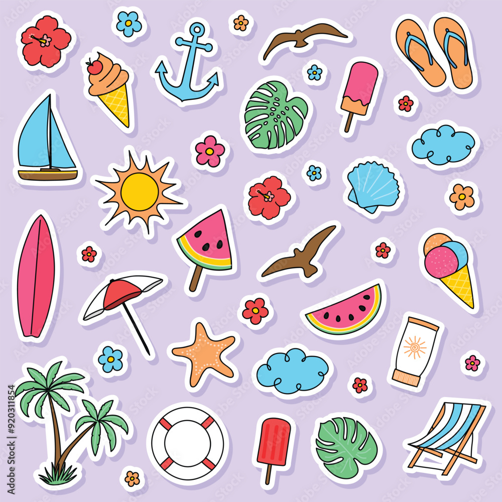 Naklejka premium Colourful summer icon set. Hand drawn stickers. Vector illustration