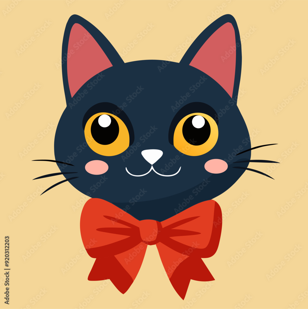 Obraz premium head cat blue yellow eyepinkears red bow white nose cream background