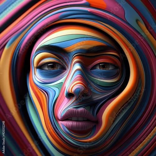Abstract portrait of a face with flowing, layered textures and vibrant colors, creating a surreal and artistic representation of human features.