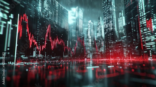 High-resolution 3D animation depicting an economic recession with declining market indicators and collapsing financial icons. The detailed graphics emphasize the drastic effects of the downturn,