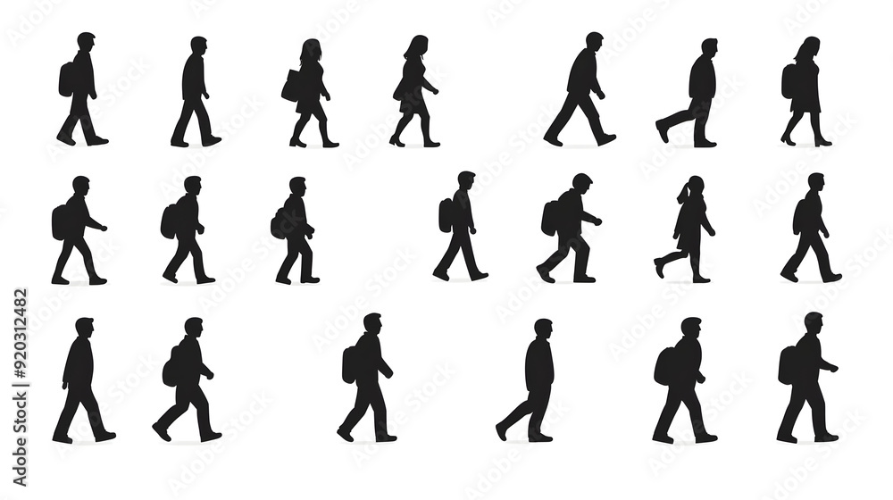 Silhouette illustrations of people walking, showcasing various poses and movements. Silhouette illustrations of people walking, showcasing various poses and movements.