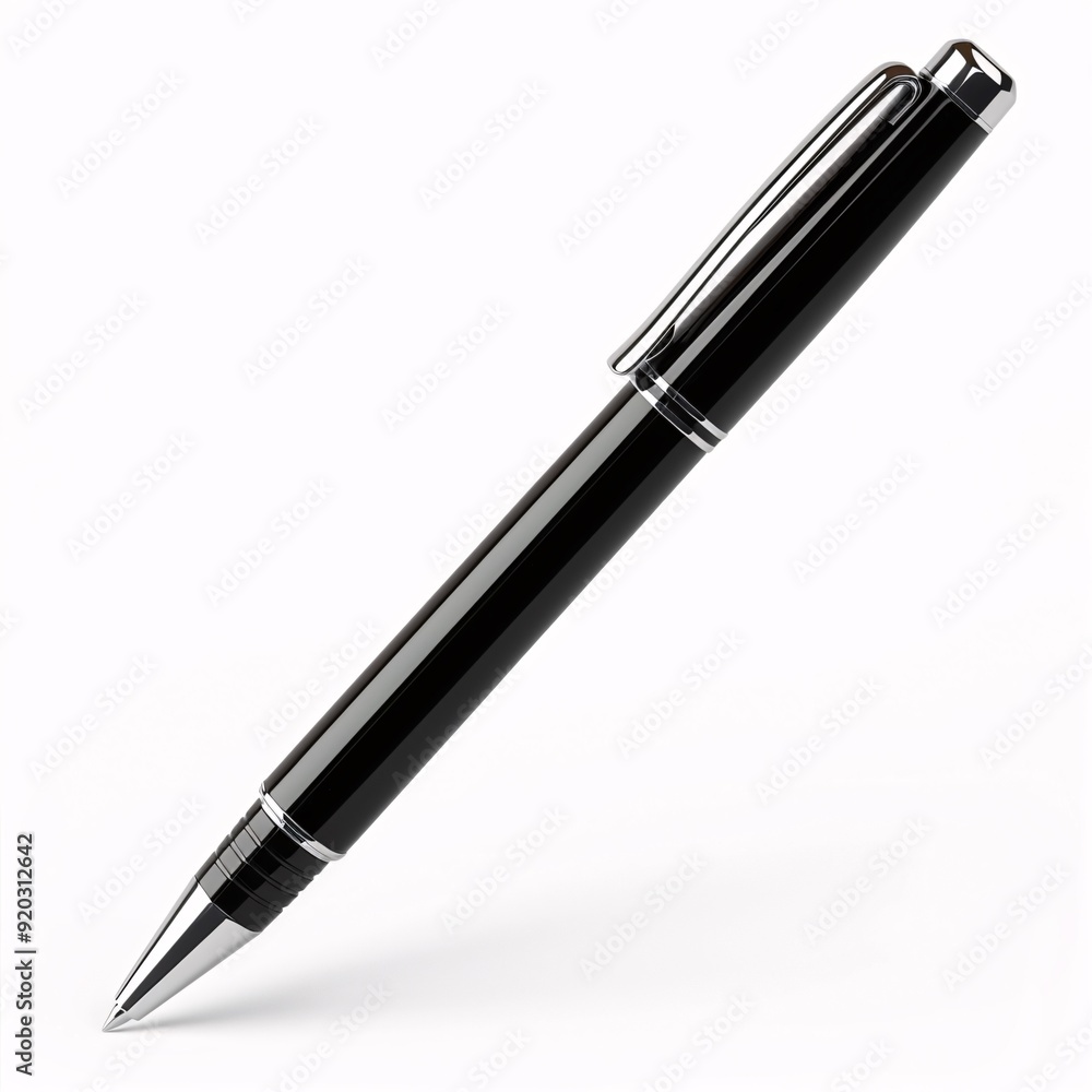 Modern Black Pen with Silver Clip on White Background Modern Black Pen with Silver Clip on White Background