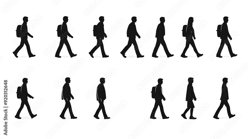 Silhouette figures of people walking in various poses. Silhouette figures of people walking in various poses.