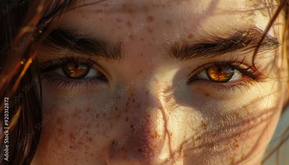 Close-up of a person with freckled skin and captivating brown eyes in natural light Close-up of a person with freckled skin and captivating brown eyes in natural light