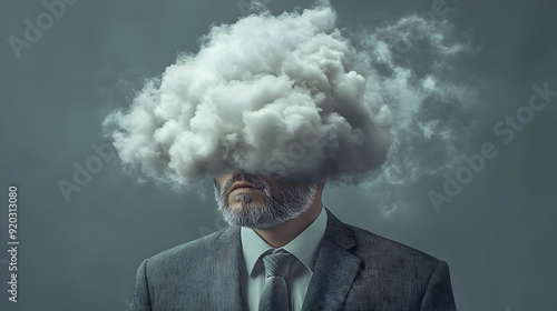 A man in a suit with a cloud covering his head, symbolizing confusion or contemplation.