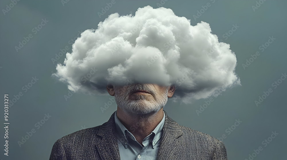 A man with a cloud for a head, symbolizing thoughts or confusion. A man with a cloud for a head, symbolizing thoughts or confusion.