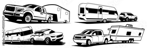 truck and trailer caravan illustration black and white design vector	 set