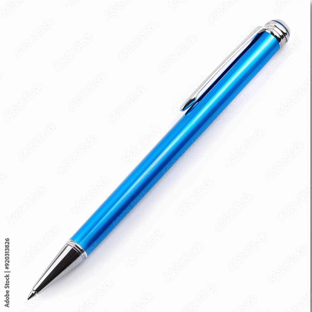 Sleek Blue Metallic Pen with Cap on White Background - Office Stationery Concept Sleek Blue Metallic Pen with Cap on White Background - Office Stationery Concept