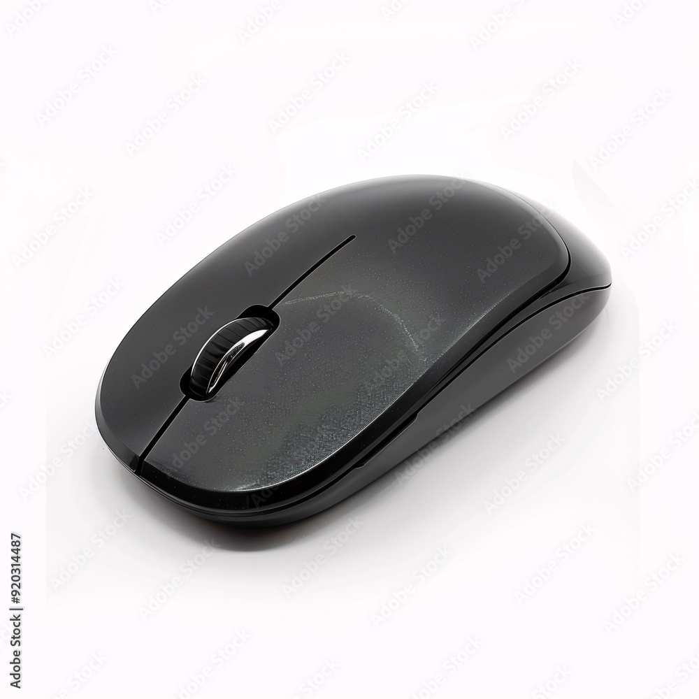 Modern Black Wireless Mouse with Scroll Wheel on White Background Modern Black Wireless Mouse with Scroll Wheel on White Background