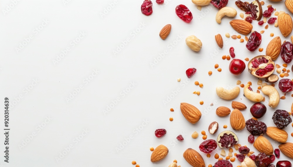 Assorted nuts and dried fruits scattered on a white surface Assorted nuts and dried fruits scattered on a white surface