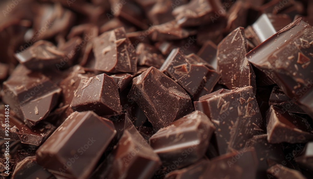 Chunks of dark chocolate scattered on a wooden surface Chunks of dark chocolate scattered on a wooden surface