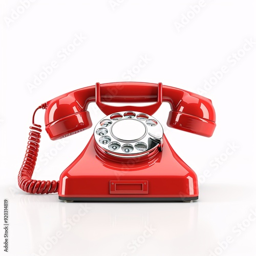 Vintage Red Telephone Standing Alone on White Background