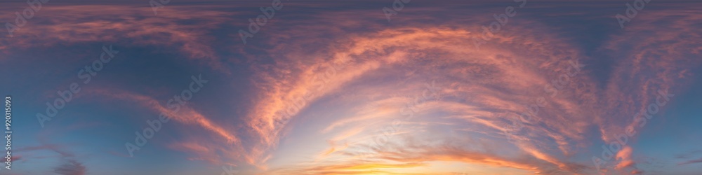 Seamless 360 HDR spherical panorama of sunset sky with vibrant pink Cirrus clouds. Full zenith or sky dome in 3D, sky replacement for aerial drone panoramas. Climate and weather change. Seamless 360 HDR spherical panorama of sunset sky with vibrant pink Cirrus clouds. Full zenith or sky dome in 3D, sky replacement for aerial drone panoramas. Climate and weather change.
