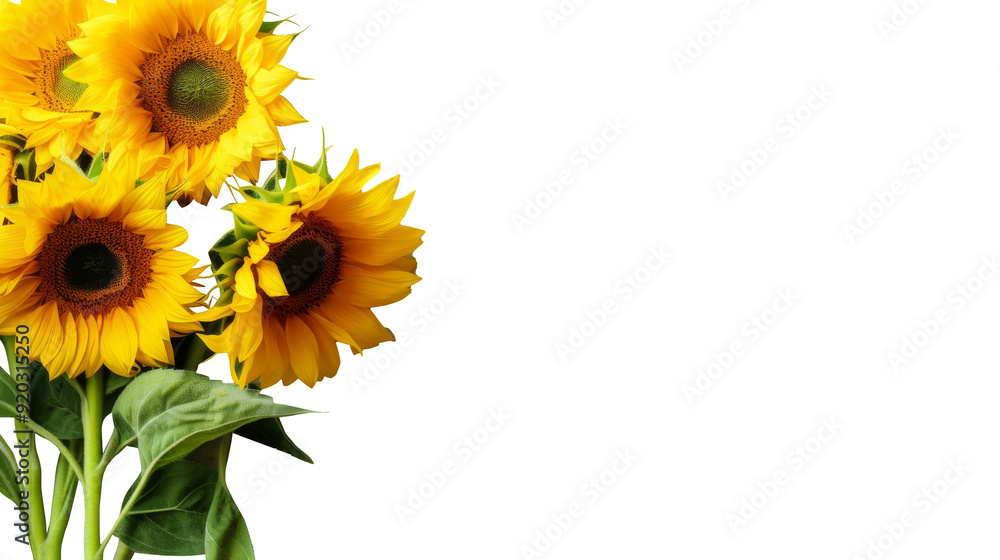 Naklejka premium Sunflowers and green leaves for decoration of art frame wallpaper, card and banner on transparent background.