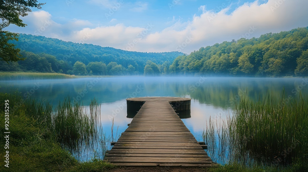 Serene Lake and Wooden Dock with Mist Serene Lake and Wooden Dock with Mist