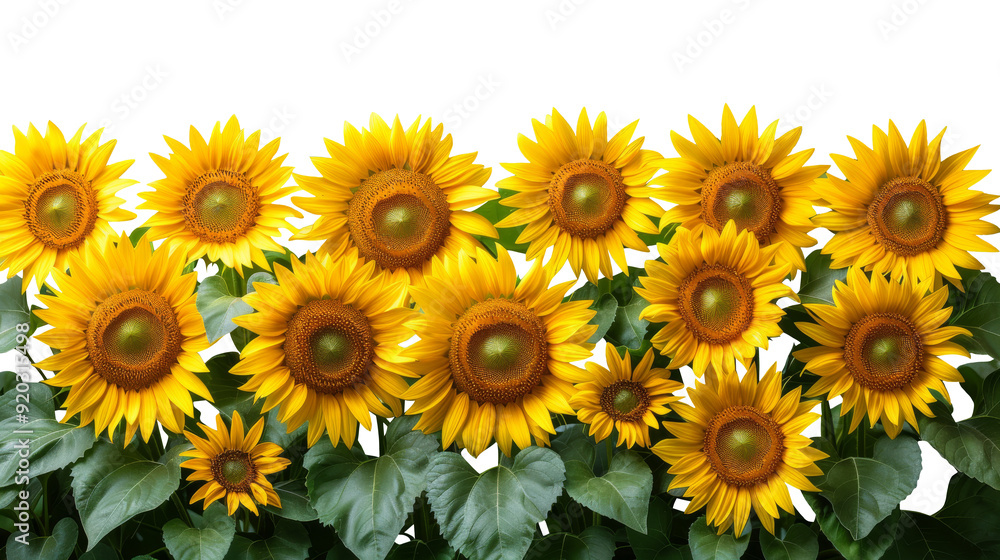 Fototapeta premium Sunflowers and green leaves for decoration of art frame wallpaper, card and banner on transparent background.