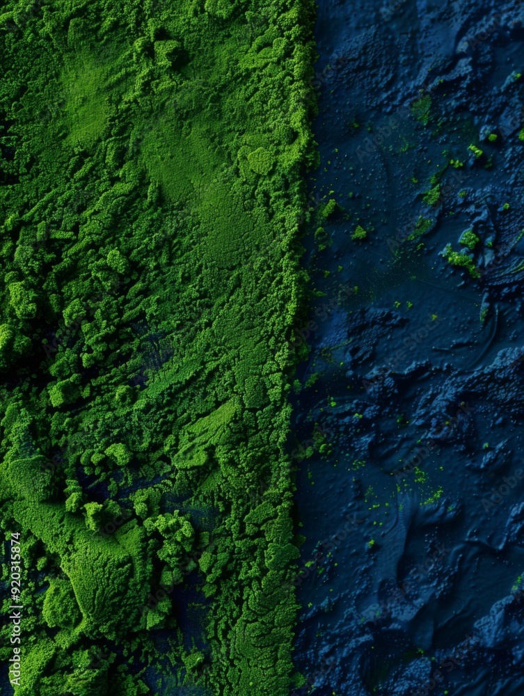 A close-up of a rough, dark green and blue surface with visible cracks. The rough texture of the ground. Powder or a dusty substance. A close-up of a rough, dark green and blue surface with visible cracks. The rough texture of the ground. Powder or a dusty substance.