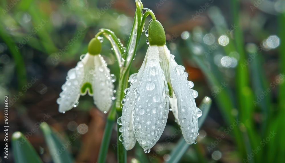 Snowdrop flowers with dew drops in the early morning light in a garden setting Snowdrop flowers with dew drops in the early morning light in a garden setting